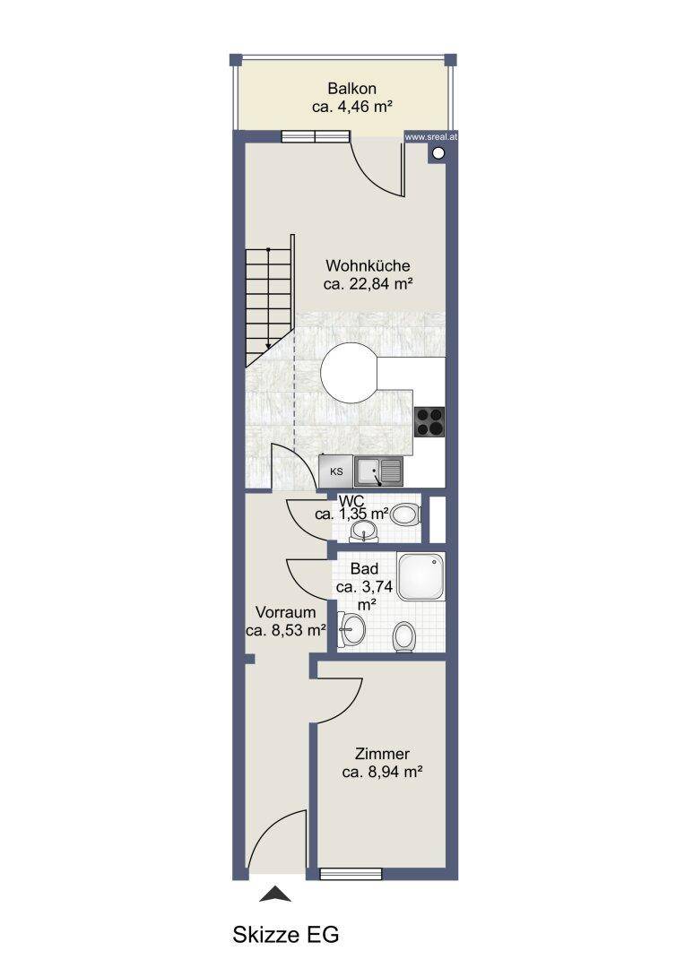 Grundriss des Erdgeschosses mit Wohnküche, Bad, WC, Vorraum und Zimmer.