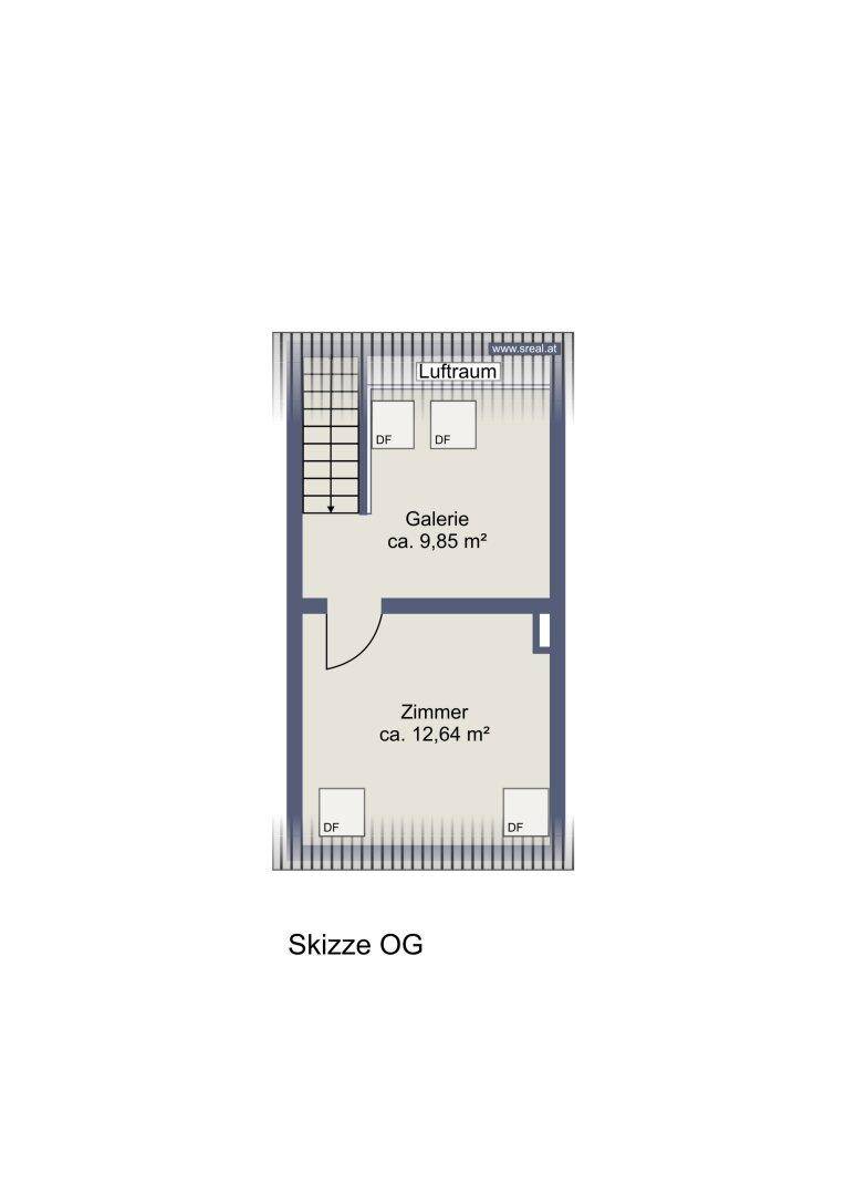 Grundriss des Obergeschosses mit Galerie, Luftraum und zusätzlichem Zimmer.