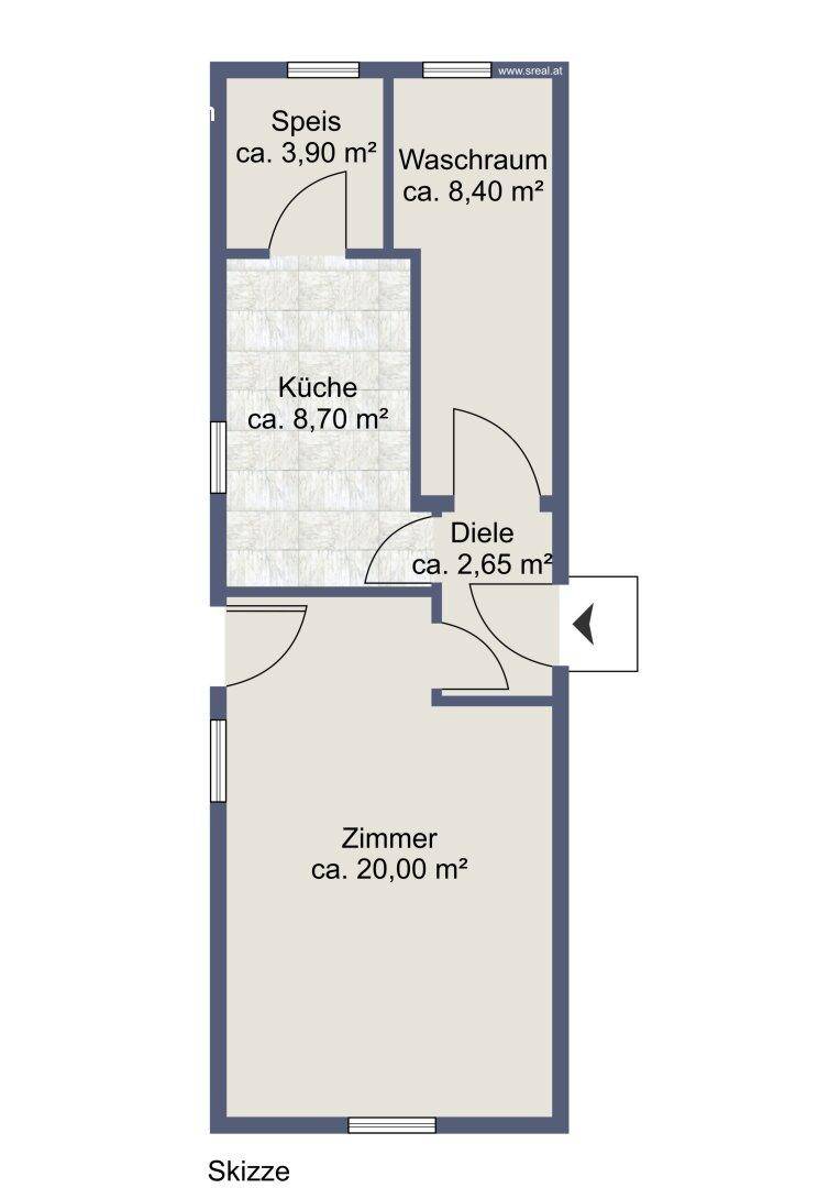 Grundriss zeigt Küche, Diele, Speis, Waschraum und ein Zimmer mit den jeweiligen Flächenangaben.