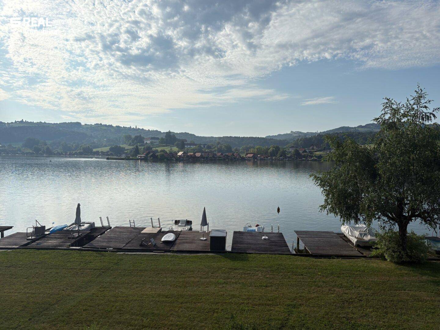 Panoramablick auf den See mit Holzstegen und einem markanten Baum am Ufer.