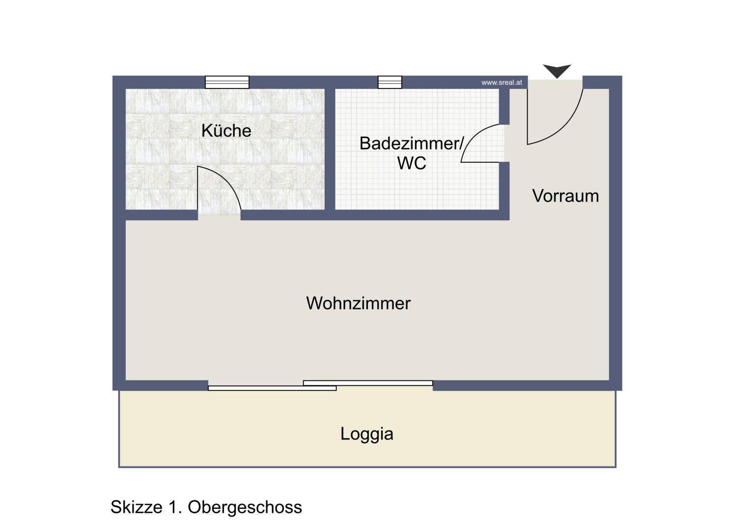 Grundriss des Obergeschosses mit Küche, Bad, Wohnzimmer und Loggia.