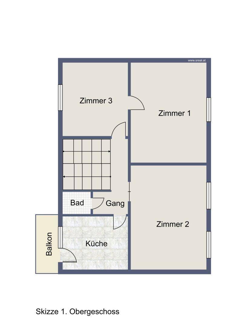 Grundriss des Obergeschosses mit drei Zimmern, Küche, Bad, Flur und Balkon.