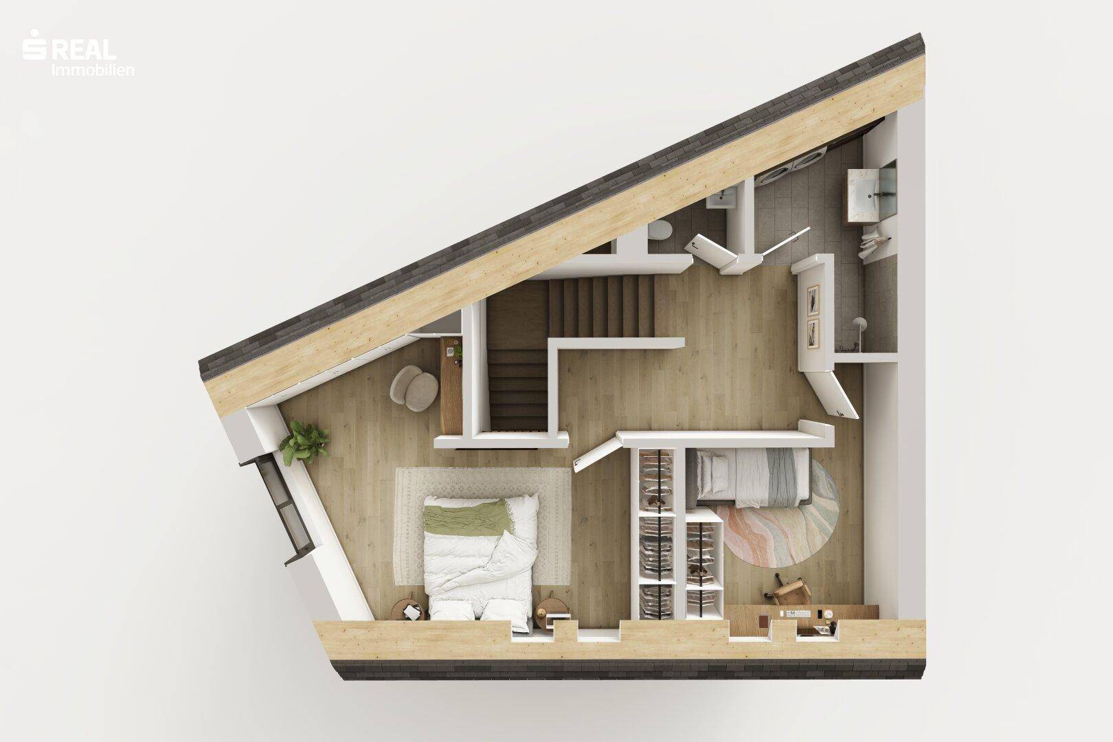 3D-Grundriss des Obergeschosses mit Schlafzimmer, Bad und weiteren Räumen unter dem Dach.