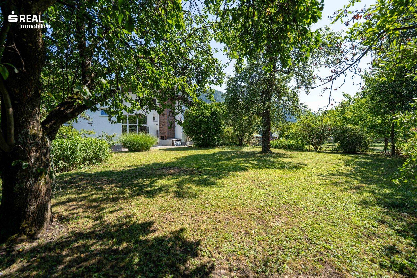 Weitläufiger Garten mit schattenspendenden Bäumen und Blick auf die Rückseite des Hauses.