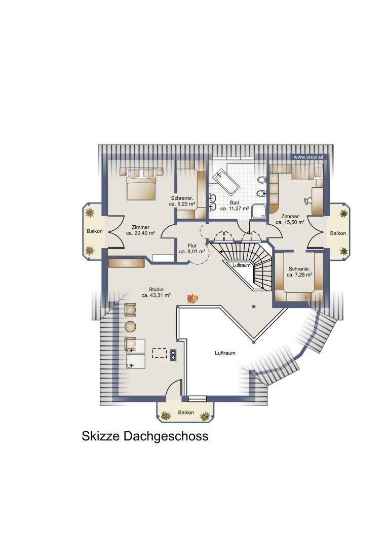 Grundriss des Dachgeschosses mit zwei Schlafzimmern, Studio, Bad und drei Balkonen.