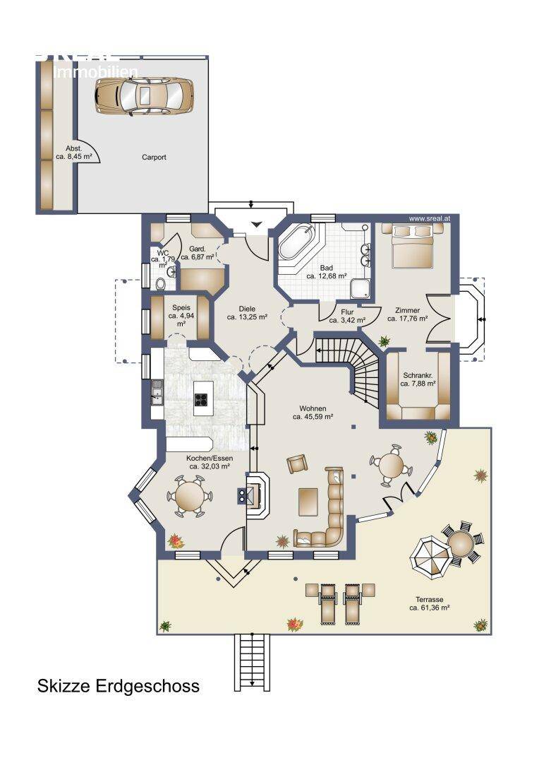 Grundriss des Erdgeschosses mit offener Küche, Wohnbereich, Schlafzimmer und großer Terrasse.
