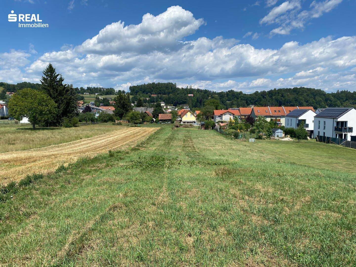 Panoramablick über grüne Felder auf eine ländliche Wohnsiedlung am Horizont.