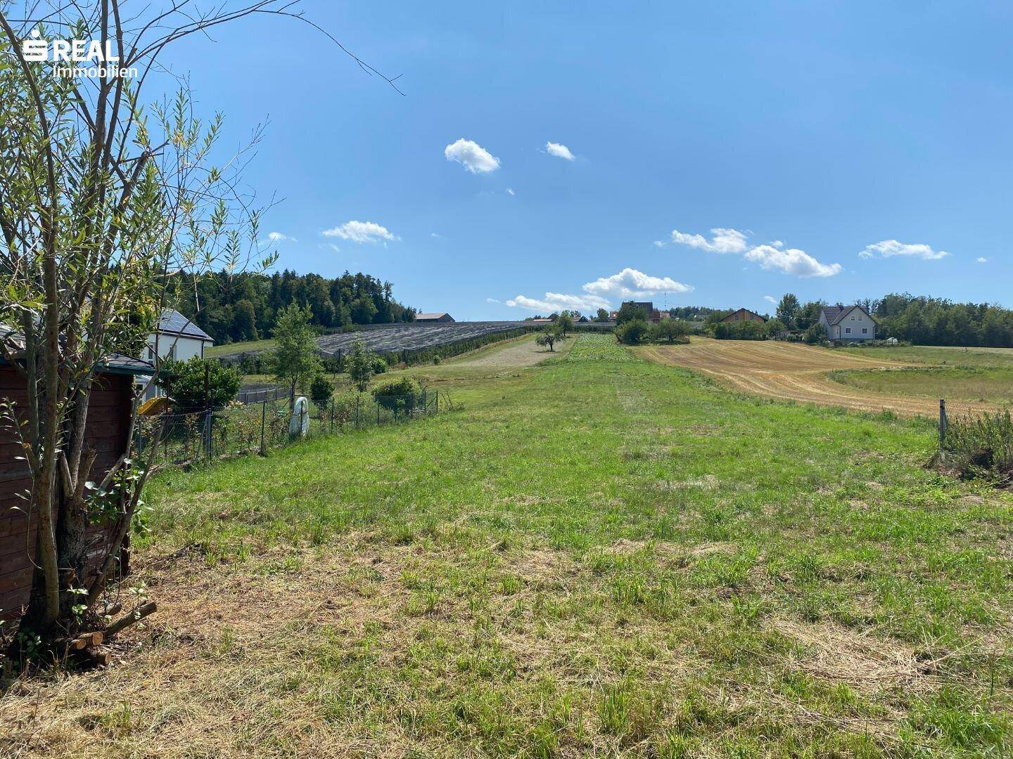 Offene Feldlandschaft mit einem kleinen Schuppen und Häusern in der Ferne, teilweise mit Solaranlagen.
