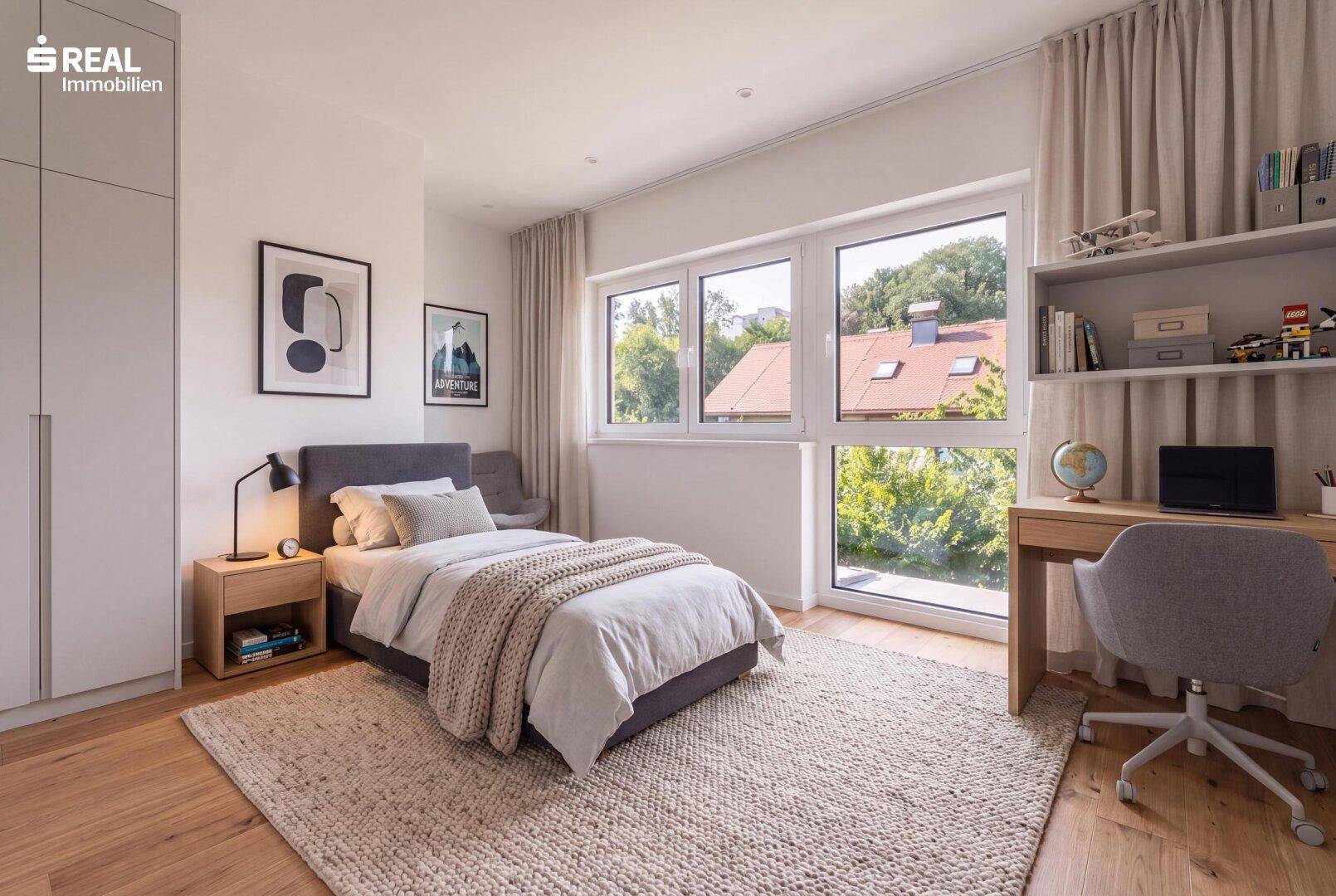 Gemütliches Schlafzimmer mit Holzboden, großen Fenstern und moderner Einrichtung.