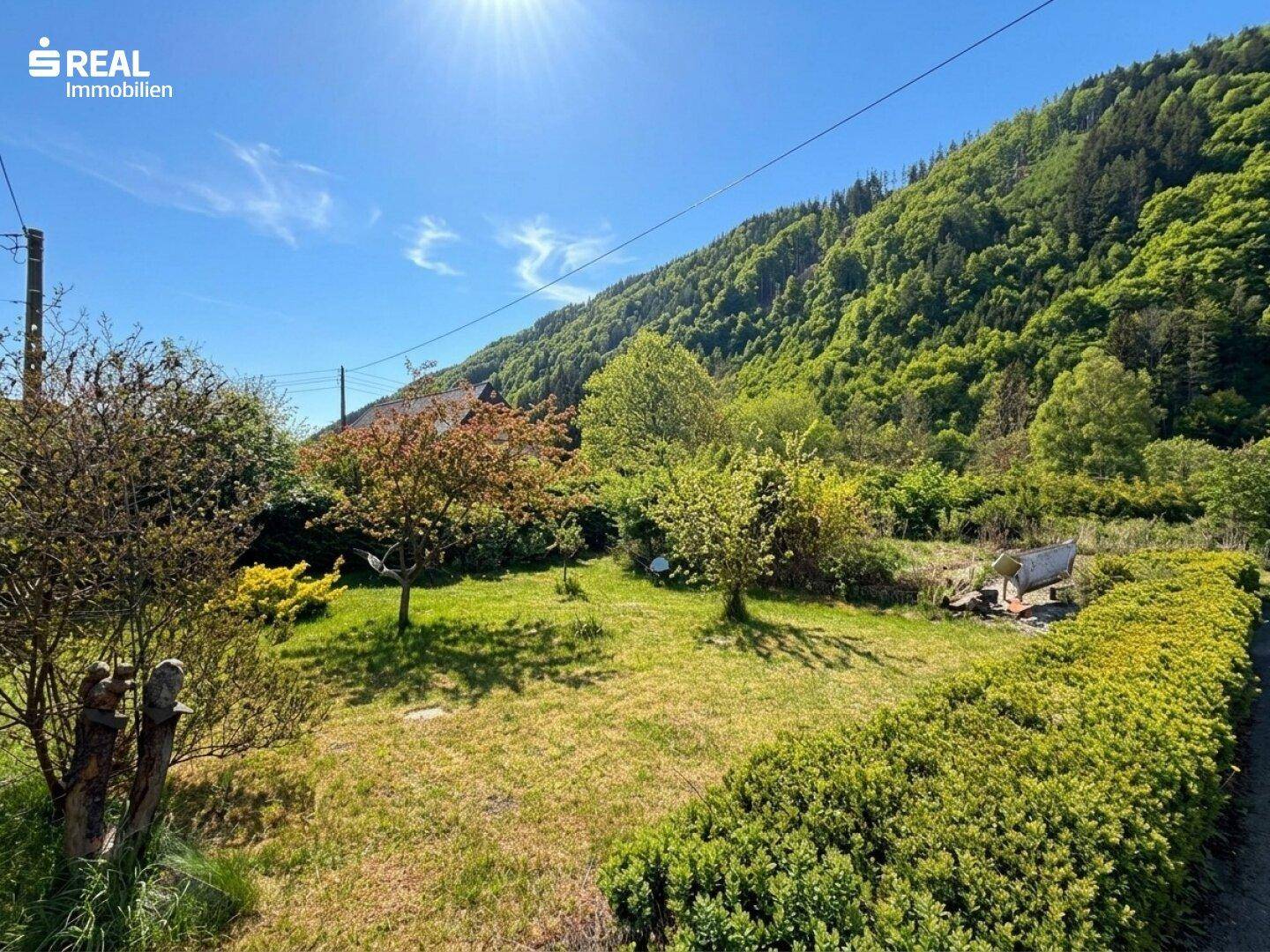 Weitläufiger Garten mit Rasenfläche, Bäumen und Hecken, umgeben von einer idyllischen Berglandschaft.