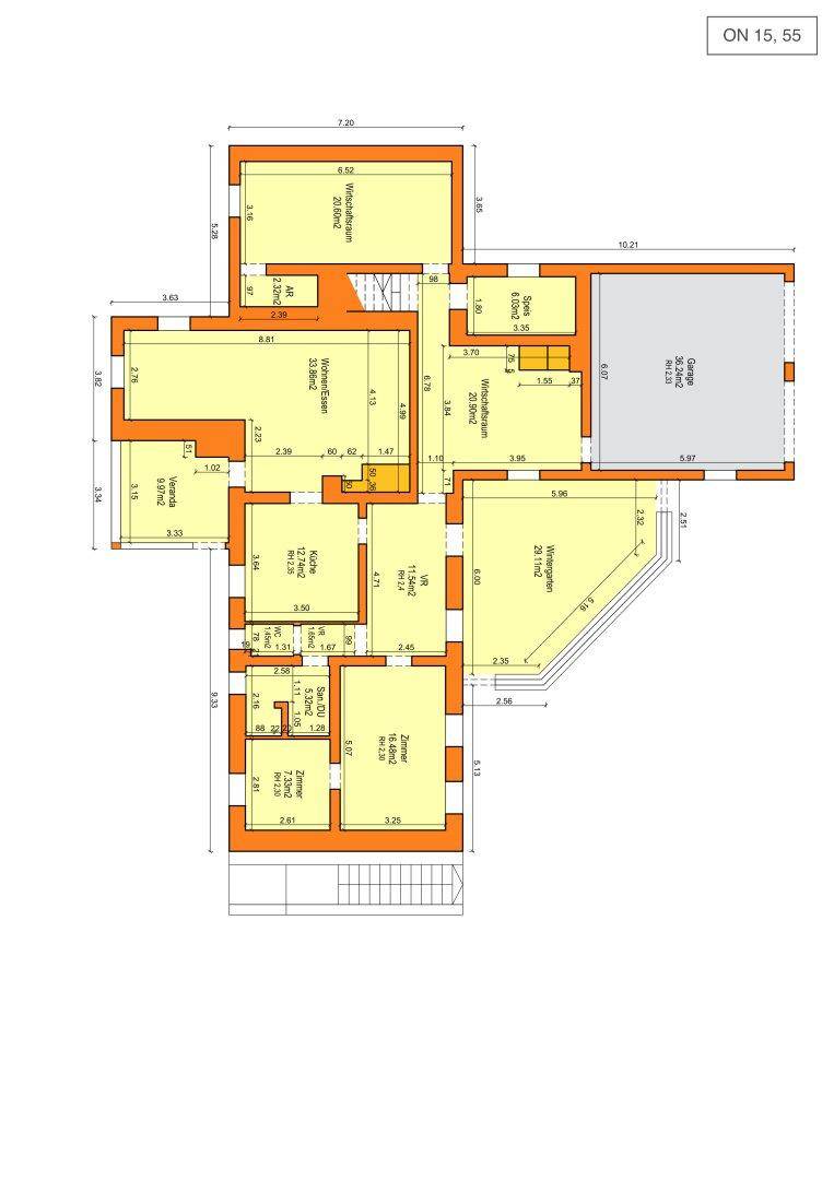 Grundriss des Erdgeschosses mit Wohnbereich, Küche und mehreren Zimmern.