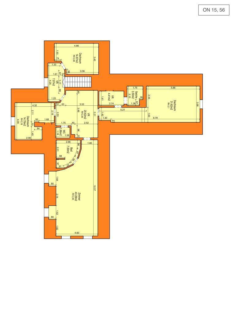 Grundriss des Obergeschosses mit Schlafzimmern, Bädern und Dachschrägen.