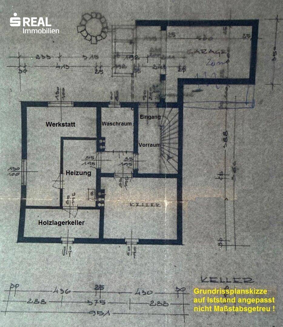 Grundrissplan des Kellers mit Werkstatt, Heizung und Holzlagerkeller.