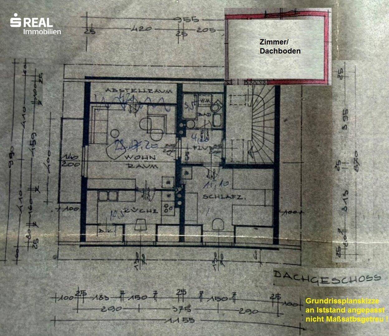 Grundrissplan des Dachgeschosses mit Wohnraum, Schlafzimmer und Abstellraum.