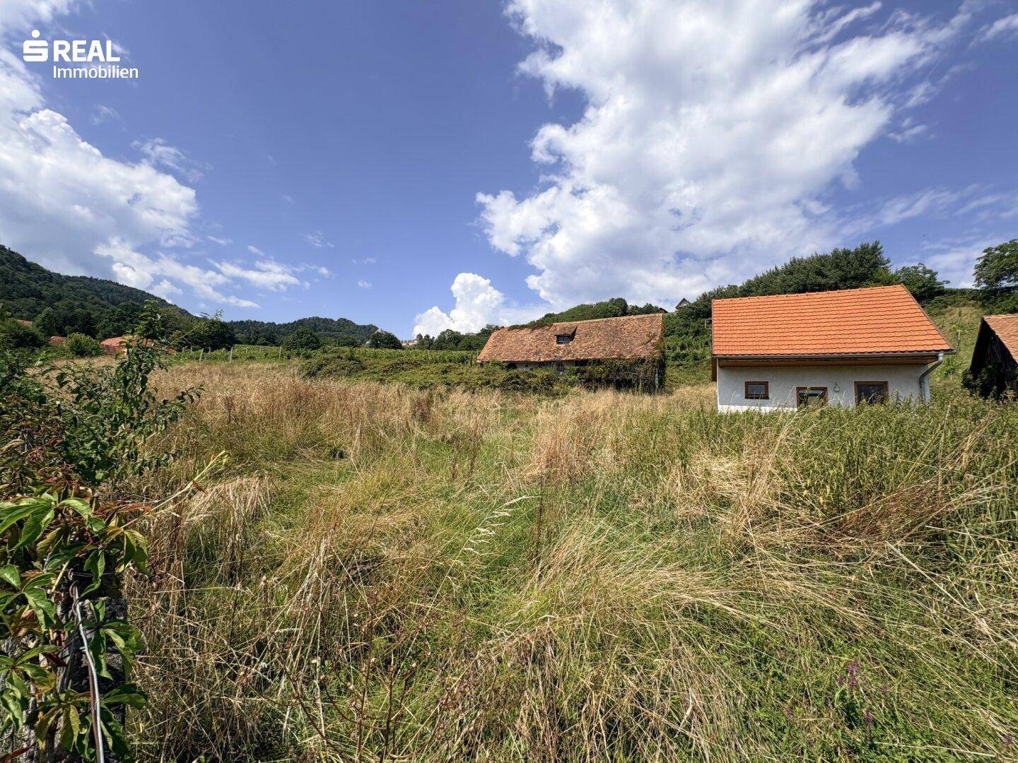 Weitläufiges Grundstück mit zwei Gebäuden im Hintergrund unter blauem Himmel.