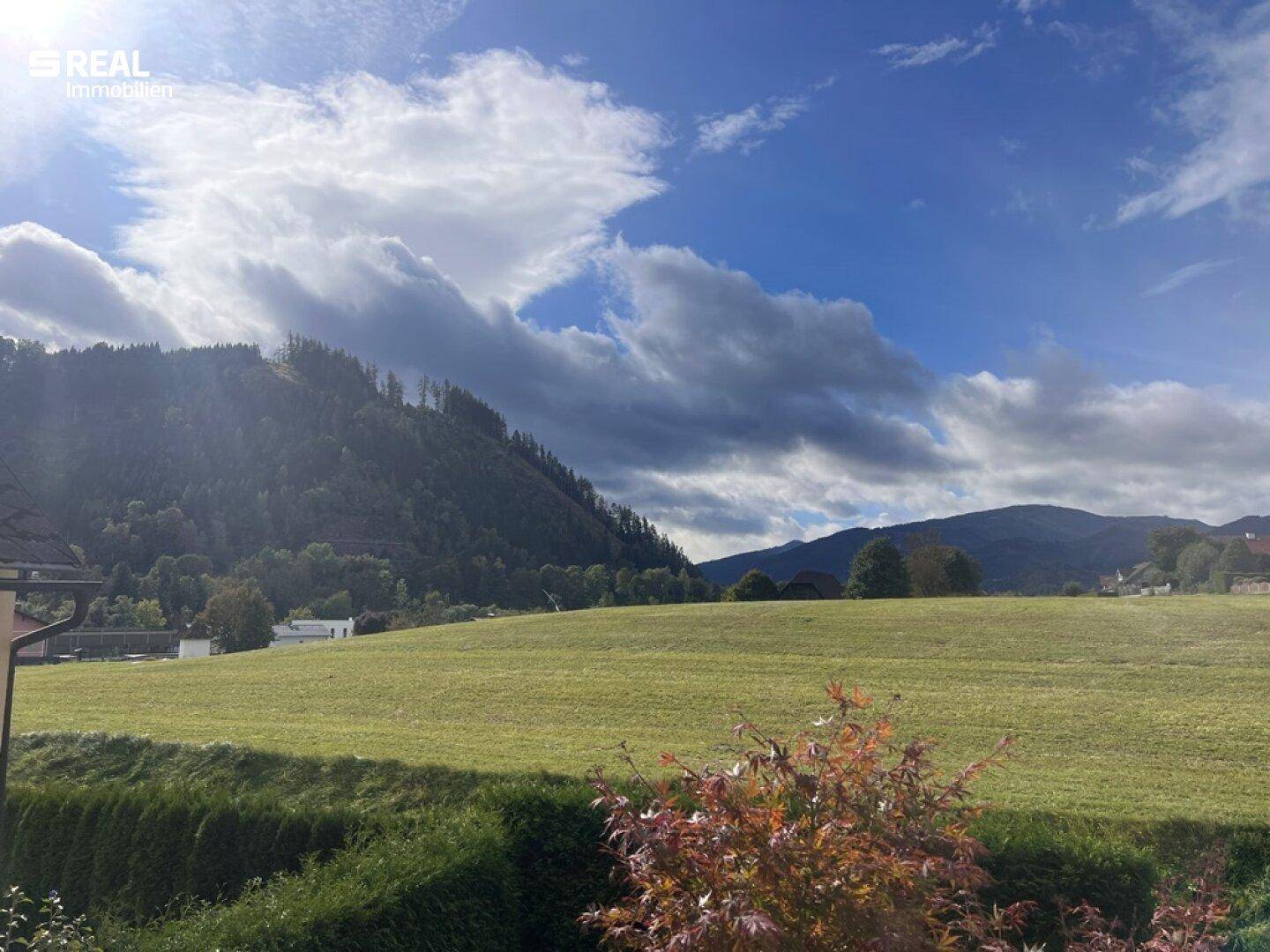 Weitläufiger Blick über grüne Felder und bewaldete Berge unter einem blauen Himmel.