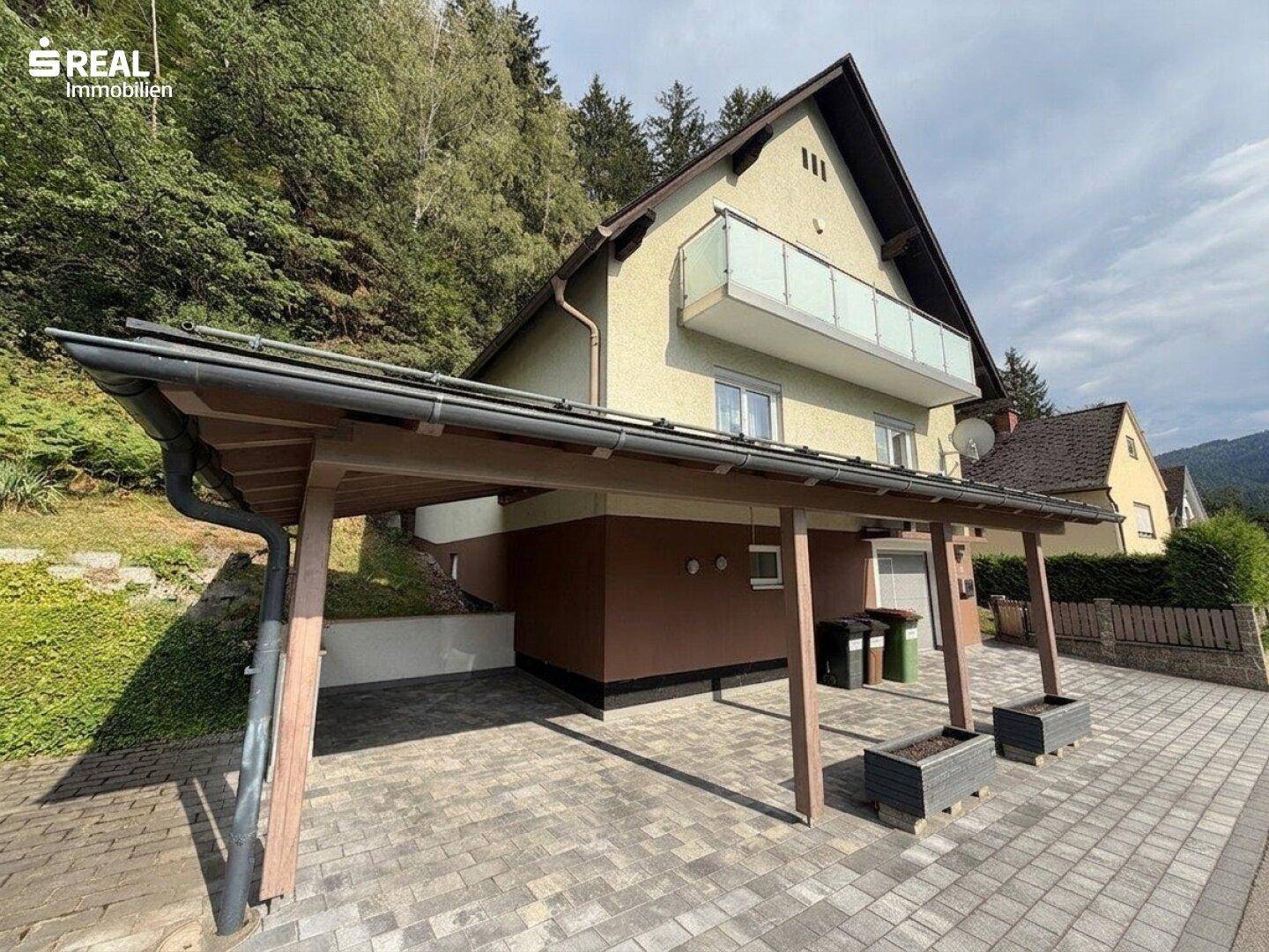 Geräumiger Carport-Bereich vor dem Haus mit gepflasterter Einfahrt und Blick ins Grüne.