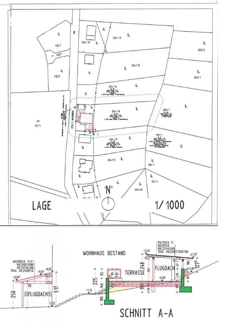 Lageplan des Grundstücks mit angrenzenden Parzellen und einem Schnitt durch das Wohnhaus.