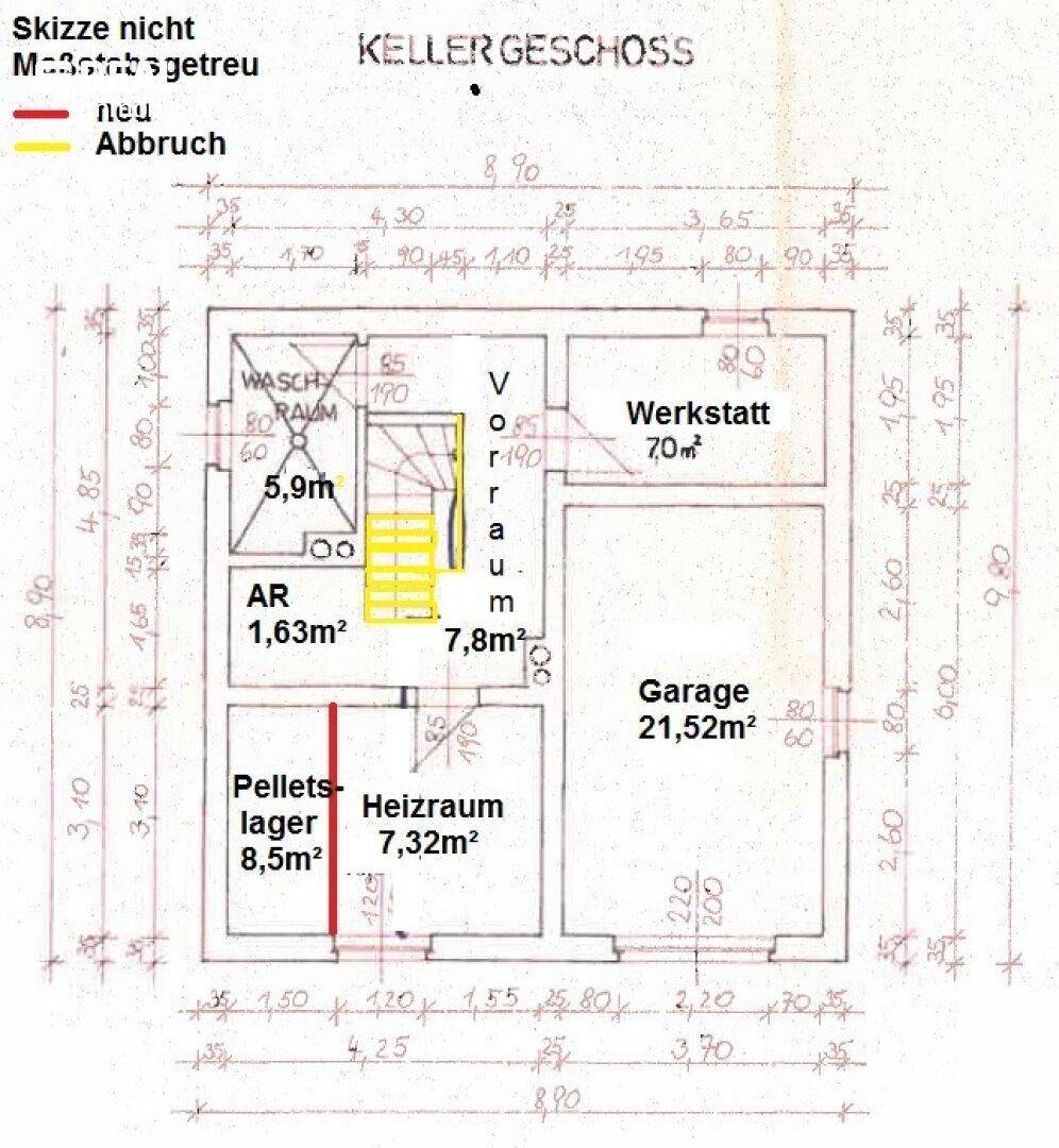 Grundriss des Kellergeschosses mit Waschraum, Werkstatt, Heizraum und Garage.