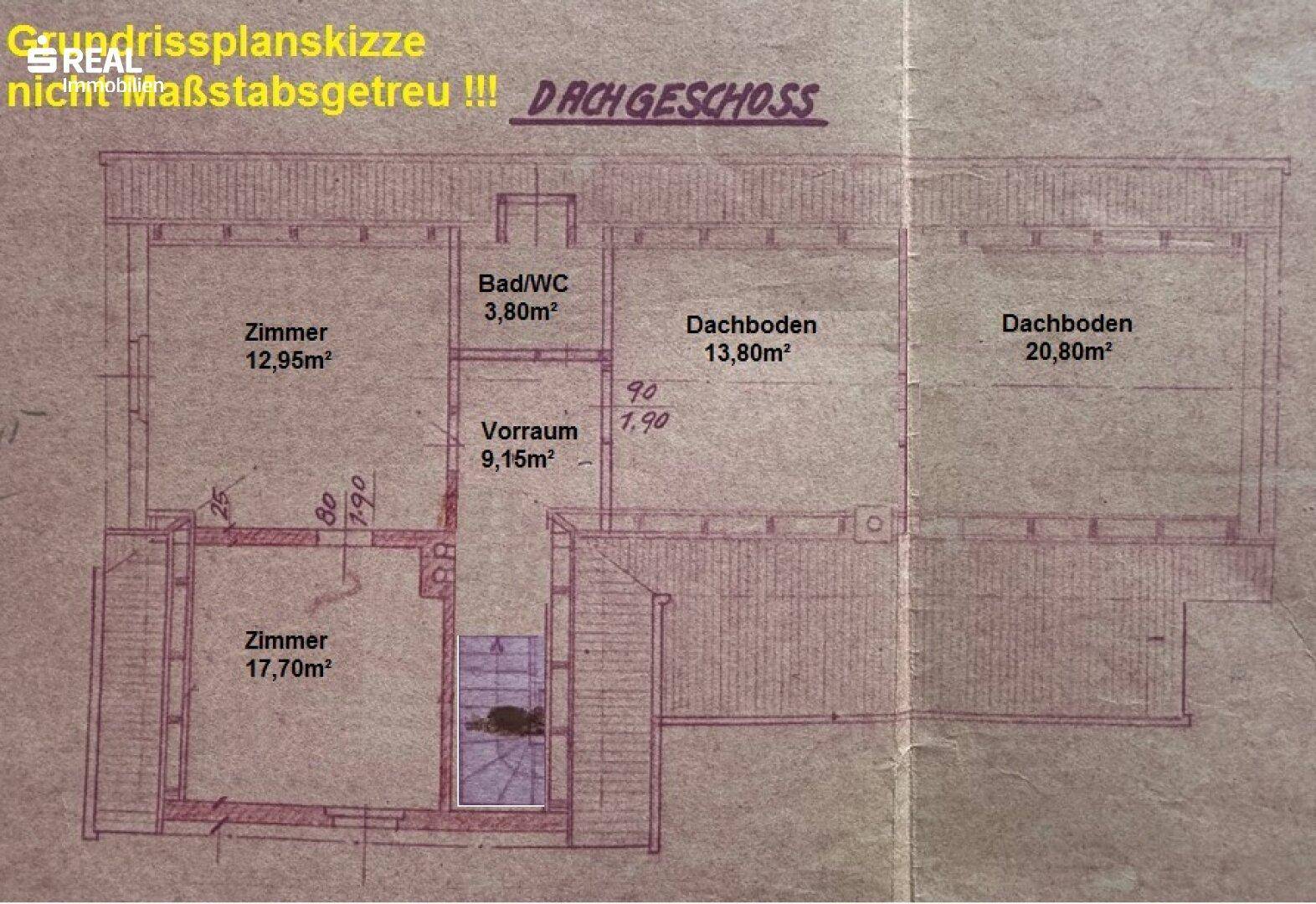 Skizze des Grundrisses für das Dachgeschoss mit Raumaufteilung und Dachbodenbereichen.