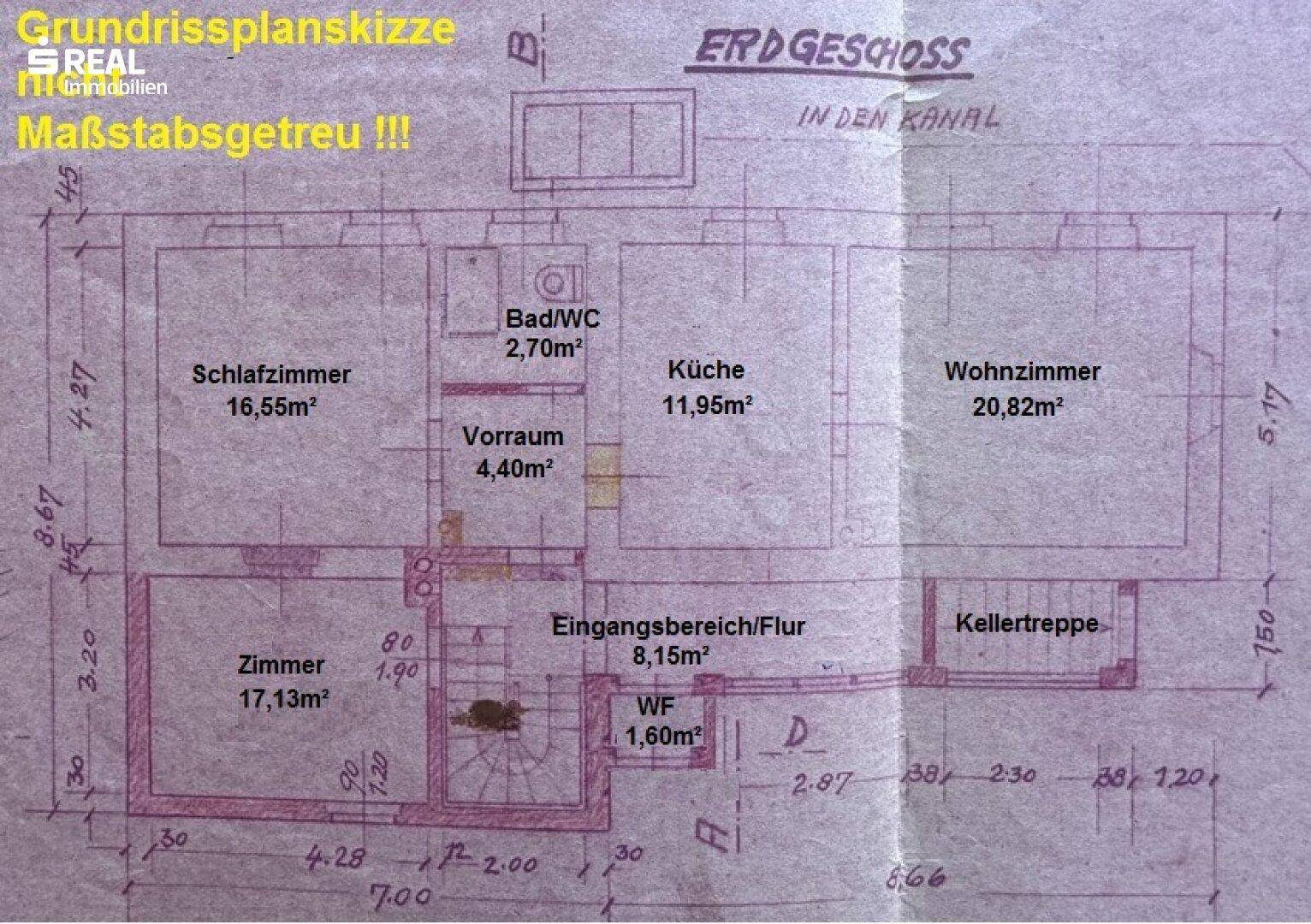 Skizze des Grundrisses für das Erdgeschoss mit Raumaufteilung und Flächenangaben.