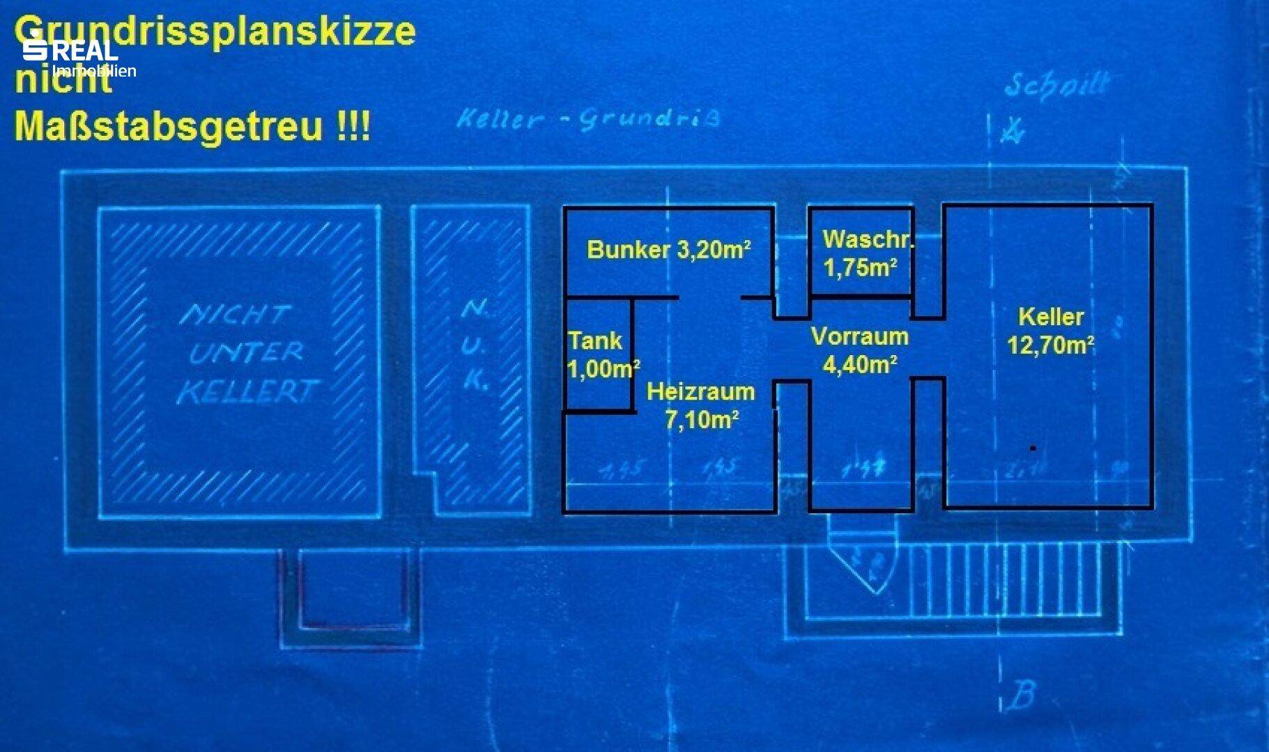 Skizze des Grundrisses für den Keller mit verschiedenen Räumen und Funktionsbereichen.