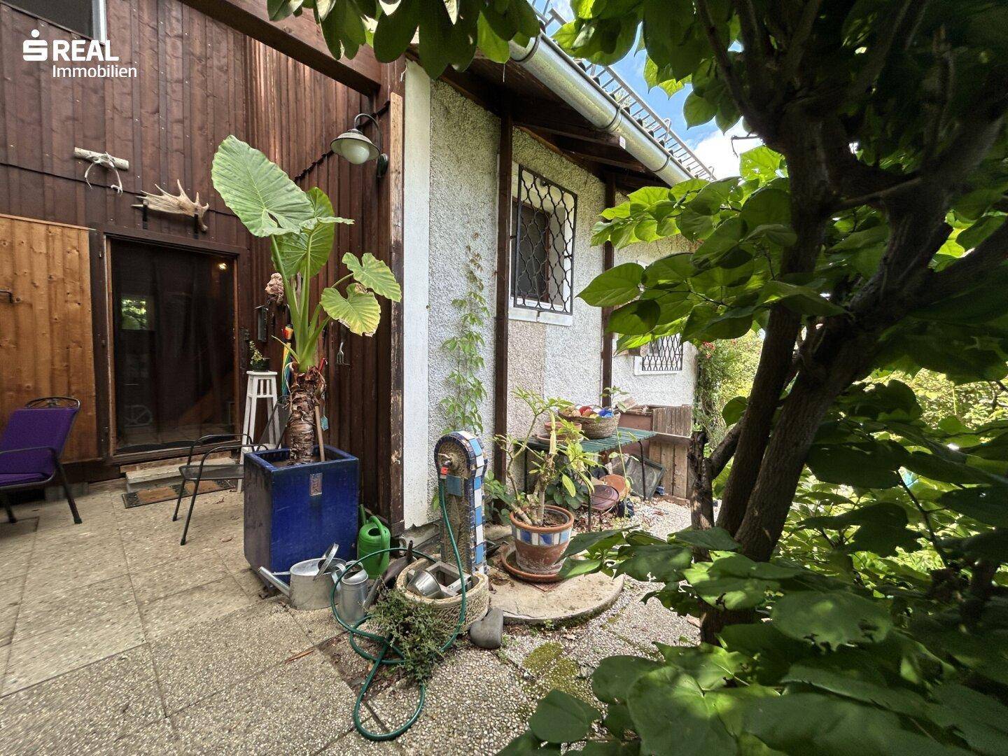 Kleine Terrasse am Haus mit Pflanzen und Zugang zum Gartenbereich.