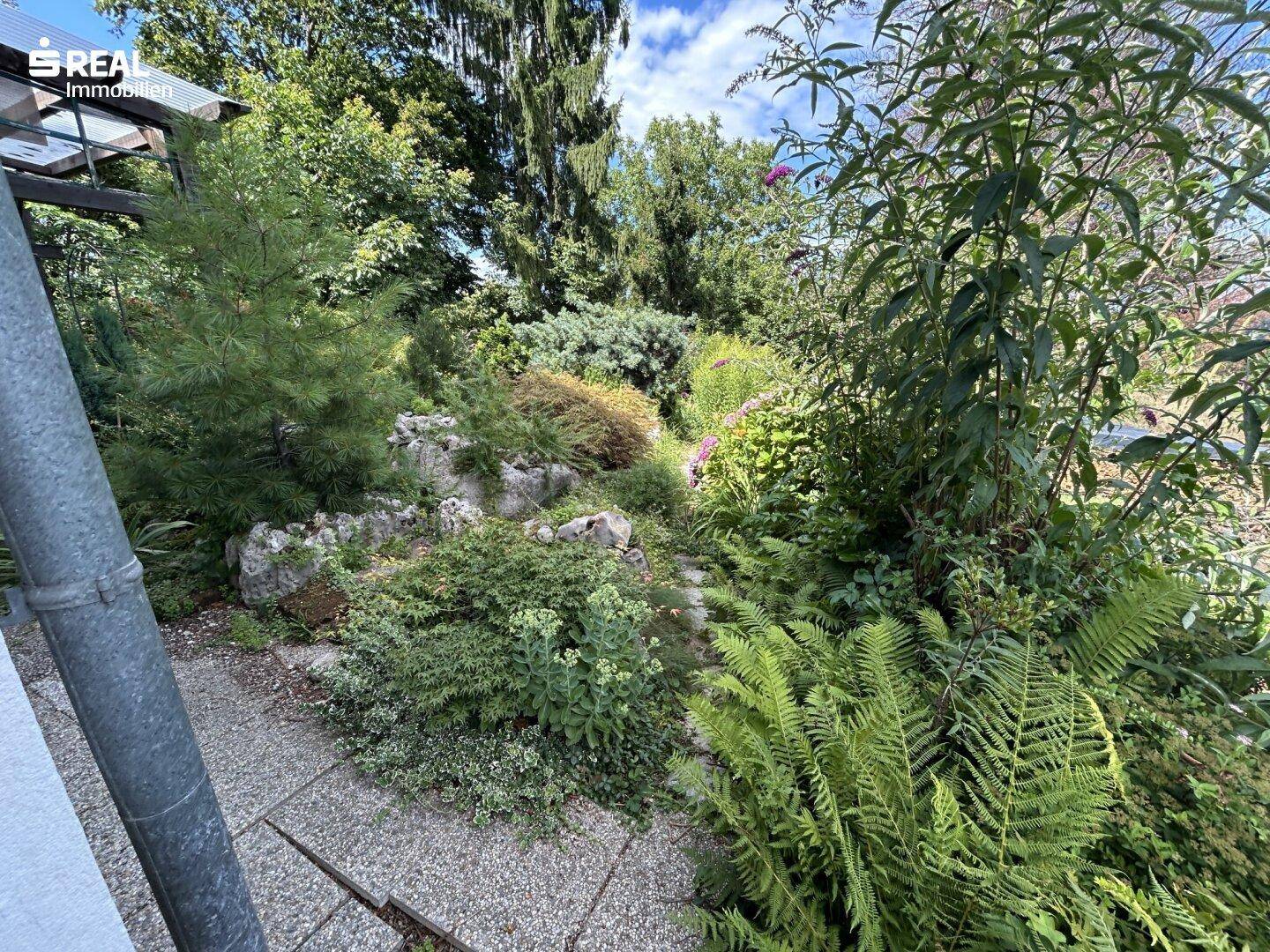Üppiger Gartenbereich mit Felsen, Farnen und einem gepflasterten Weg am Haus.