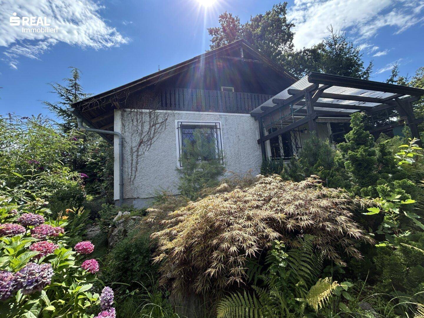 Seitliche Ansicht des Hauses mit blühenden Pflanzen und viel Grün im hellen Sonnenlicht.