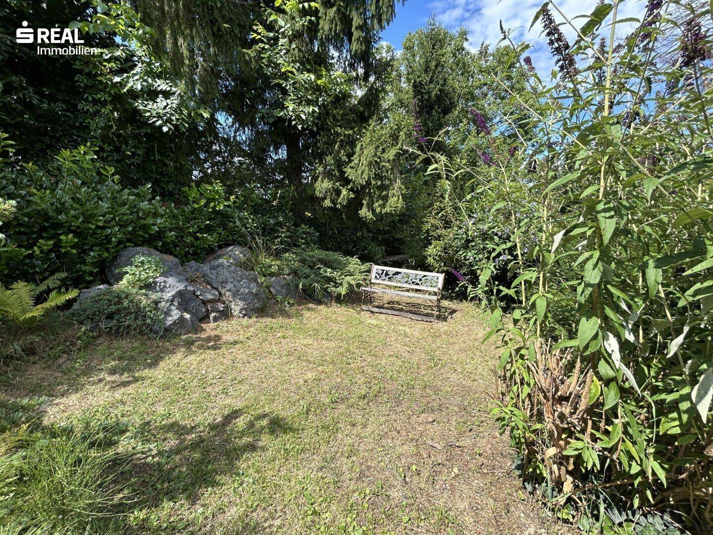 Ruhiger Gartenbereich mit Rasenfläche und einer Bank unter schattenspendenden Bäumen.