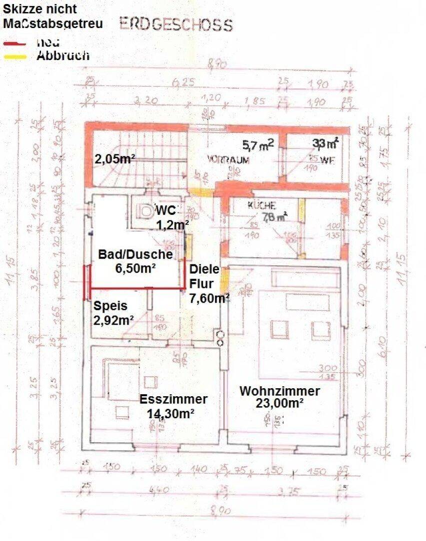 Grundriss des Erdgeschosses mit Wohnzimmer, Esszimmer, Küche und Bad/Dusche.