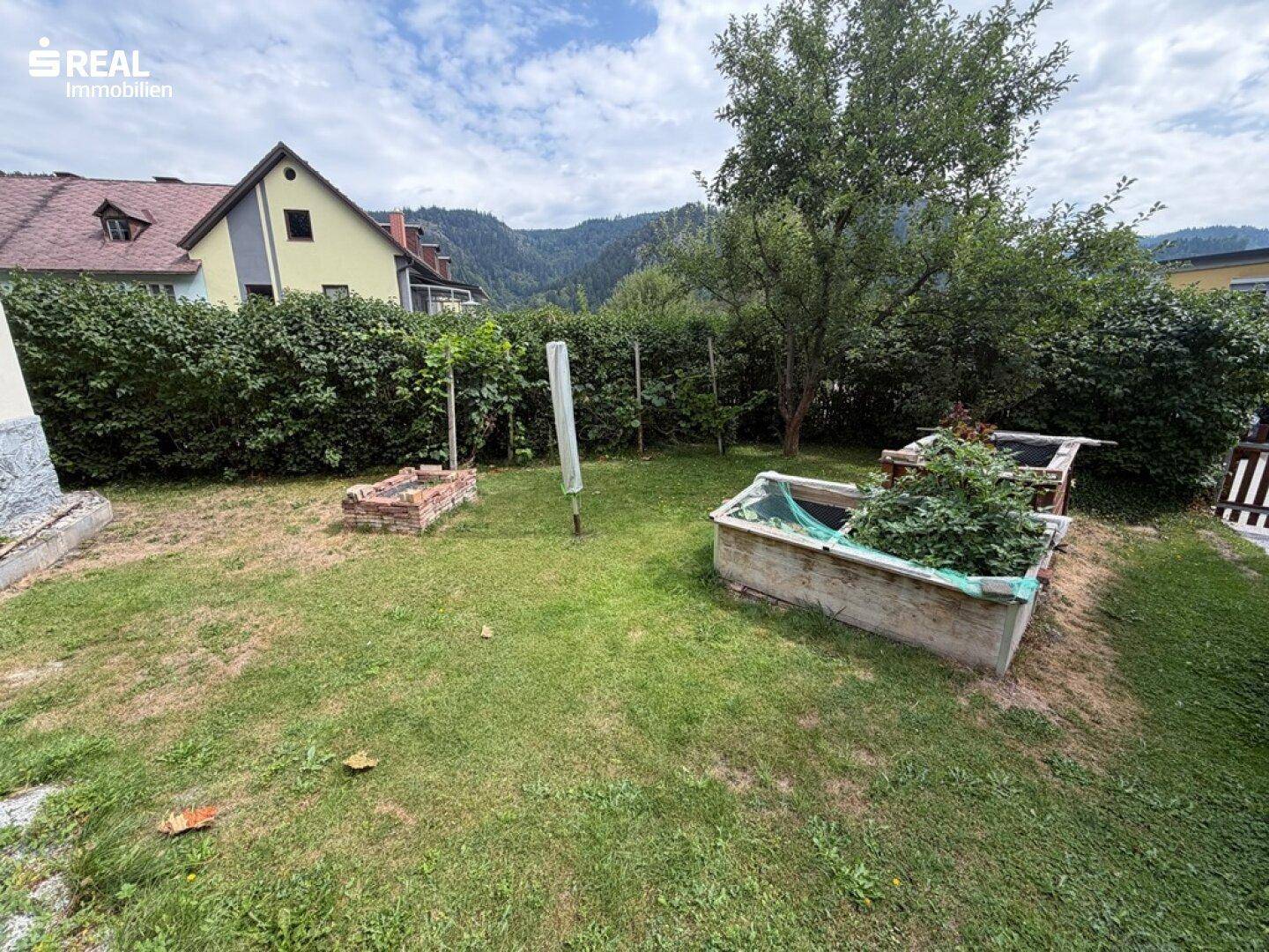 Gartenbereich mit Rasenfläche, Hochbeeten und Hecken, bereit für die Bepflanzung.
