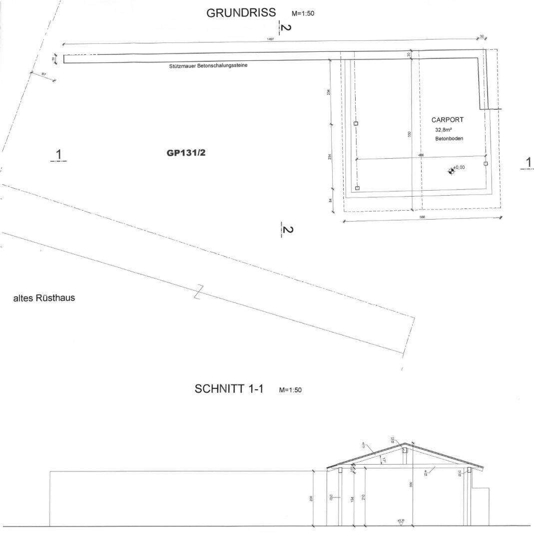 Moderner Grundriss und Schnittzeichnung eines Carports mit Betonboden.