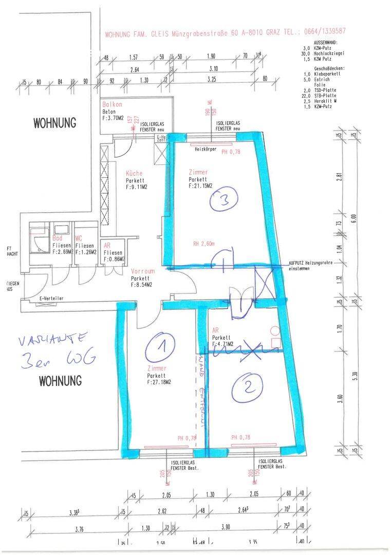 Grundriss einer Wohnung mit Küche, Bad, WC, drei Zimmern, Abstellraum und Balkon.