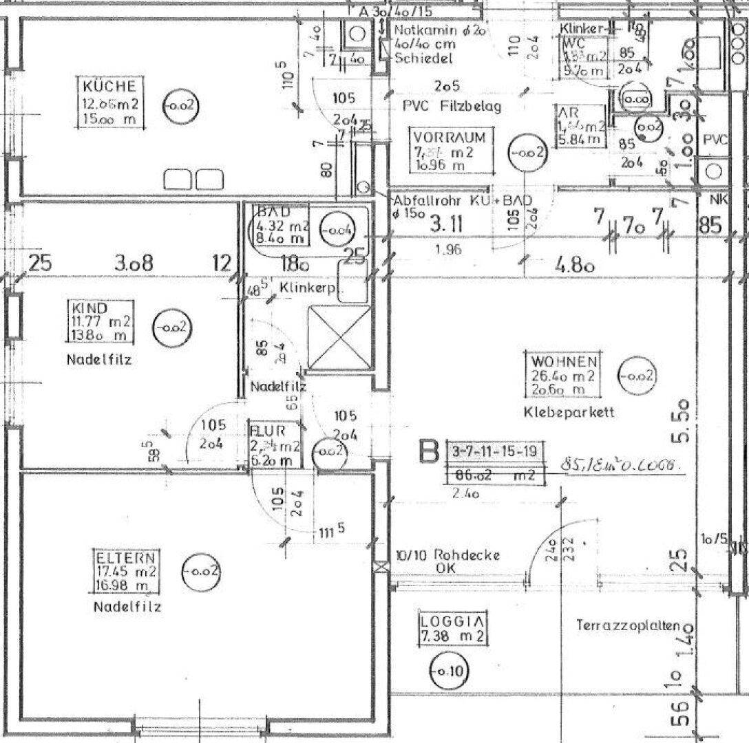 Grundriss der Wohnung mit Küche, Bad, Wohnzimmer, Schlafzimmern und Loggia.
