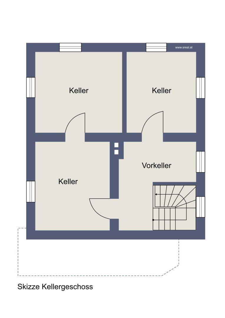 Grundriss des Kellergeschosses mit mehreren Kellerräumen und Treppenaufgang.