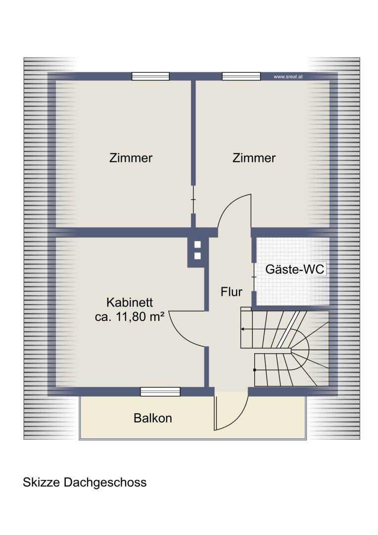 Grundriss des Dachgeschosses mit Zimmern, Gäste-WC und Zugang zum Balkon.