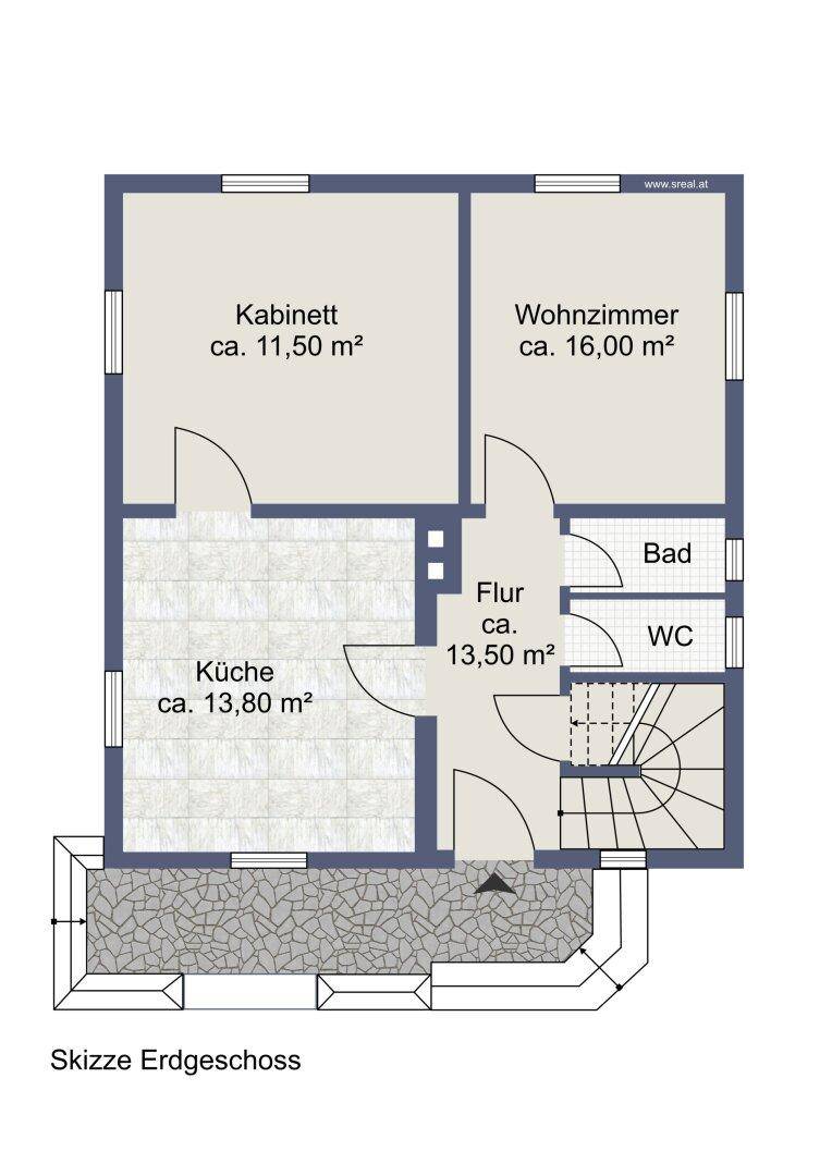 Grundriss des Erdgeschosses mit Küche, Wohnzimmer, Bad und separatem WC.