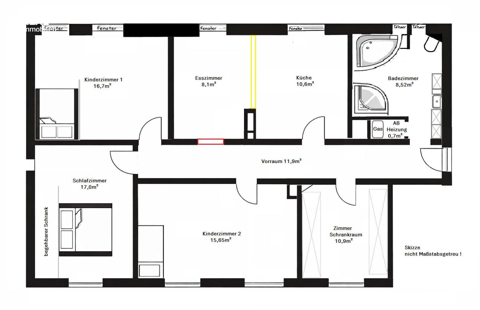 Grundriss einer Wohnung mit drei Schlafzimmern, separater Küche, Esszimmer und einem Badezimmer mit Eckbadewanne und Dusche.