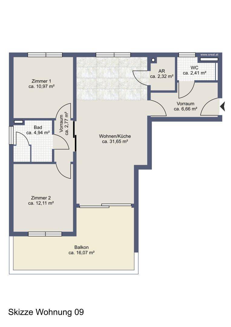 Detaillierter Grundriss einer Wohnung mit zwei Schlafzimmern, offenem Wohnbereich und separatem WC.
