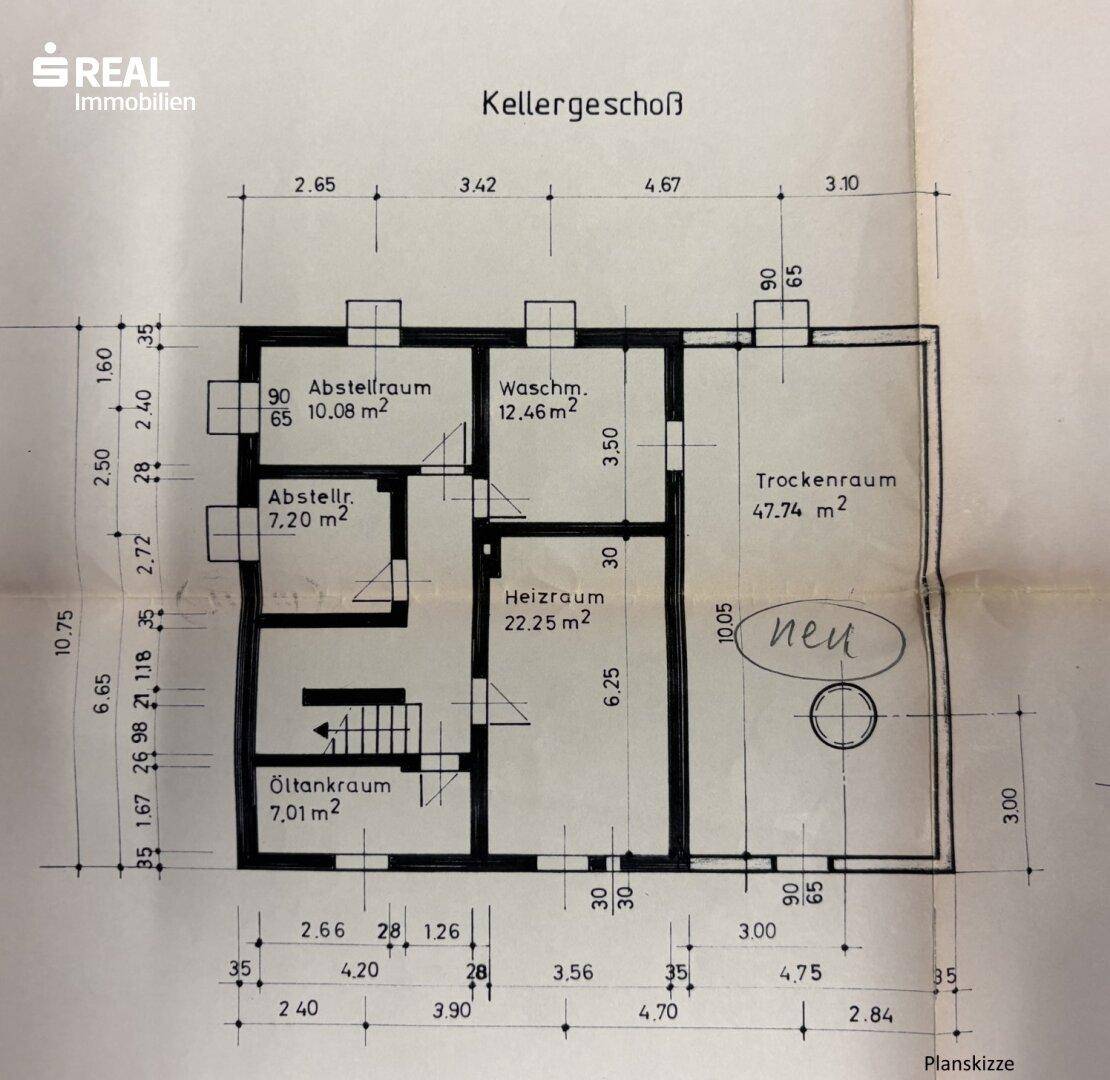 Grundriss des Kellergeschosses mit Abstellräumen, Waschküche und Heizraum.