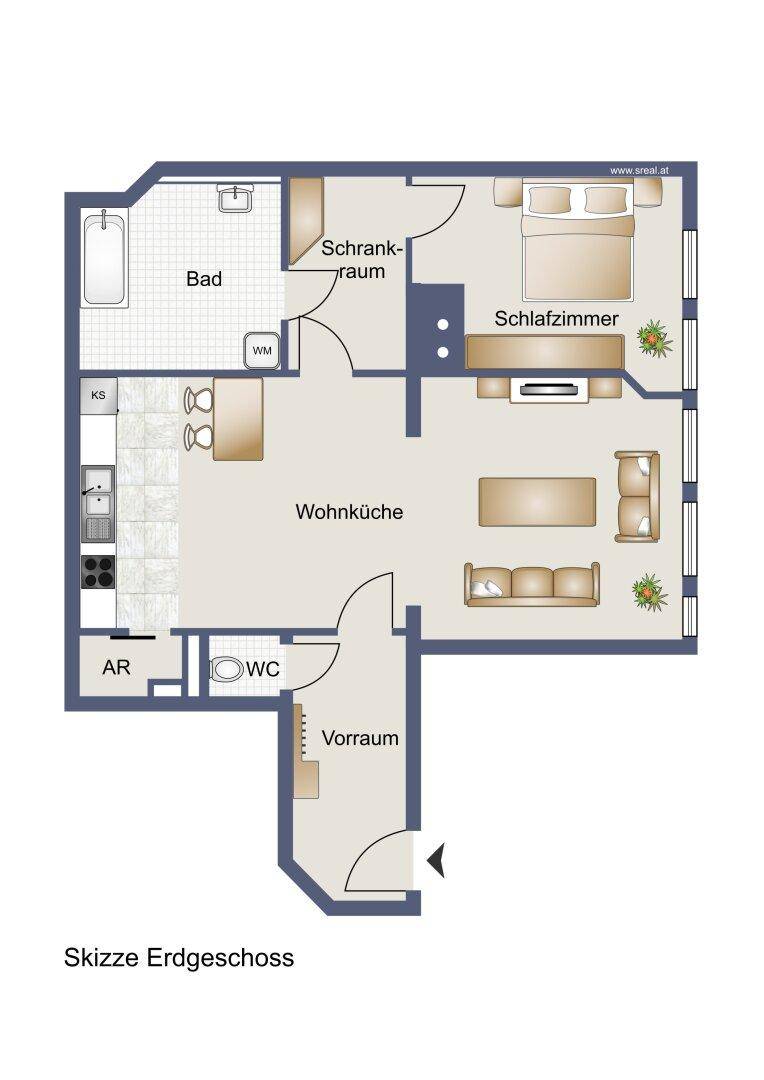 Grundriss des Erdgeschosses mit offener Wohnküche, Schlafzimmer, Bad und separatem WC.