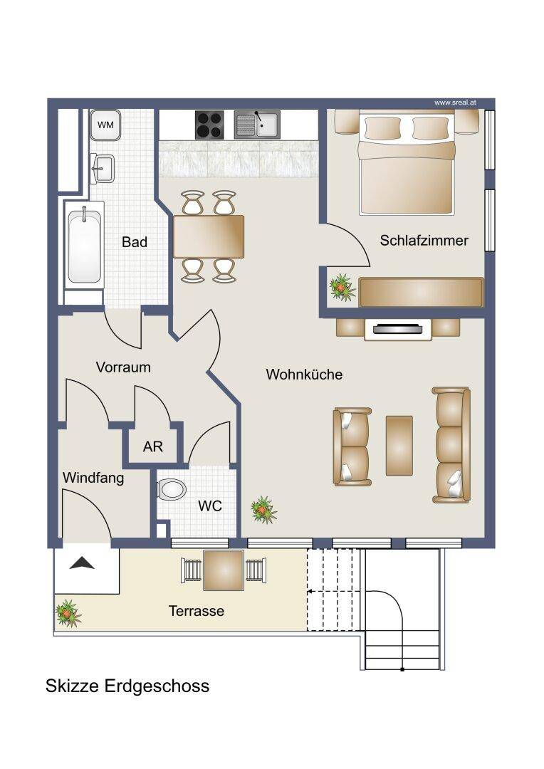 Grundriss des Erdgeschosses mit offener Wohnküche, Schlafzimmer, Bad und Terrasse.