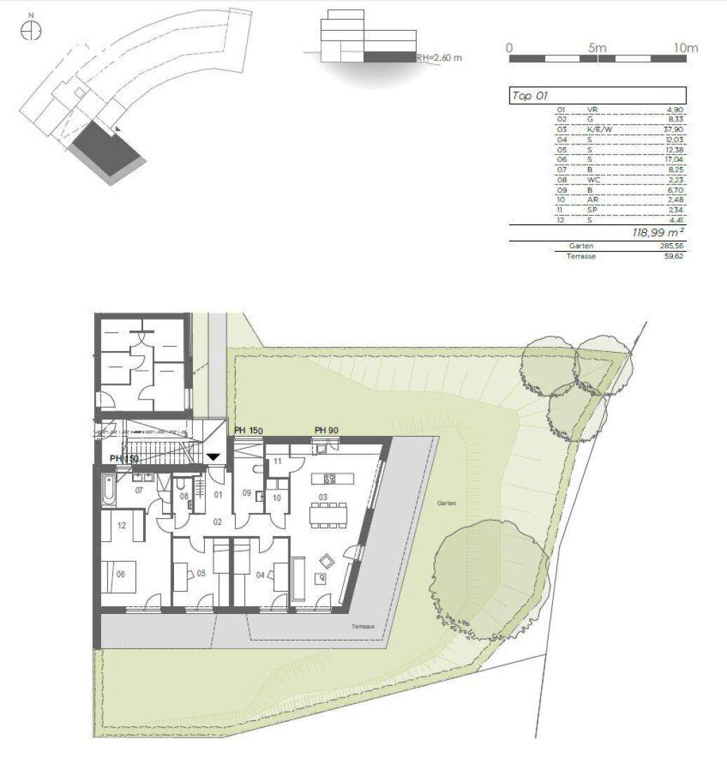 Grundrissplan einer Wohnung mit Garten, Terrasse und mehreren Zimmern.