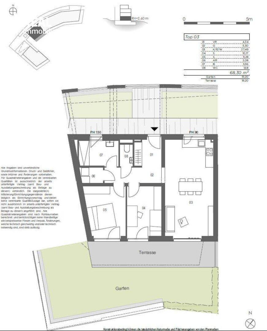 Grundriss einer Wohnung mit Terrasse und Gartenbereich, inklusive Raumaufteilung und Maßen.