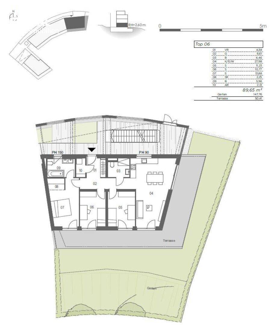 Grundriss einer modernen Wohnung mit offenem Wohnbereich, Terrasse, Garten und mehreren Schlafzimmern.