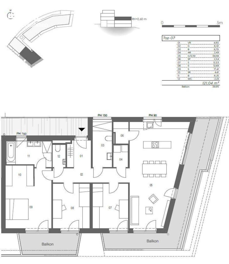 Grundriss der Wohnung Top 07 mit zwei Balkonen und offener Wohnküche.