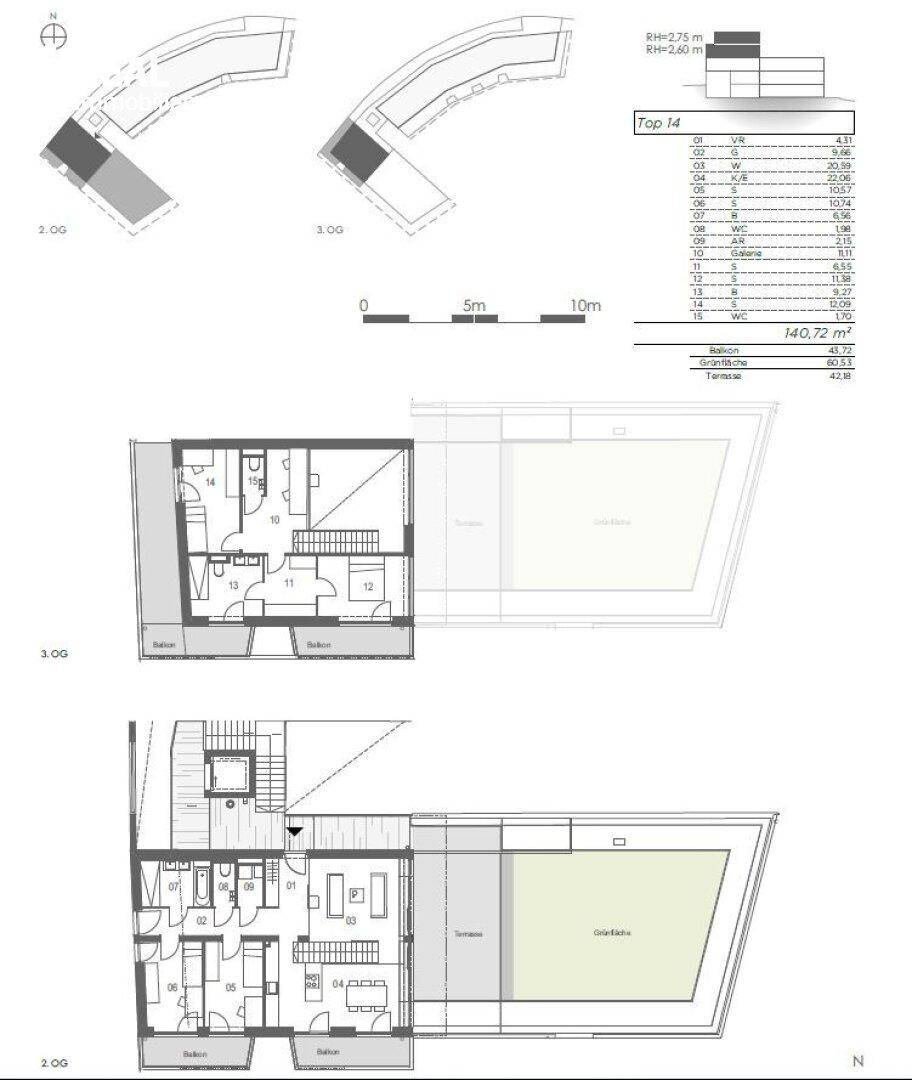 Detaillierter Grundriss mit zwei Ebenen, Balkonen und großer Terrasse.