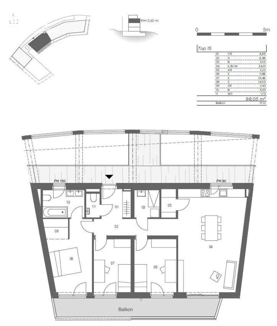 Grundriss einer Wohnung mit Balkon, drei Zimmern und offenem Wohnbereich.