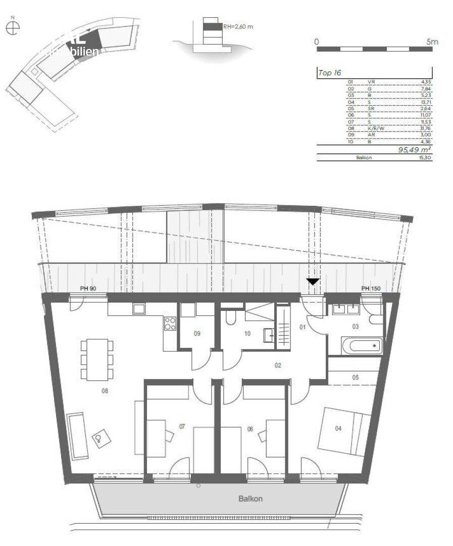 Grundriss einer Wohnung mit drei Zimmern, Balkon und offener Wohnküche.